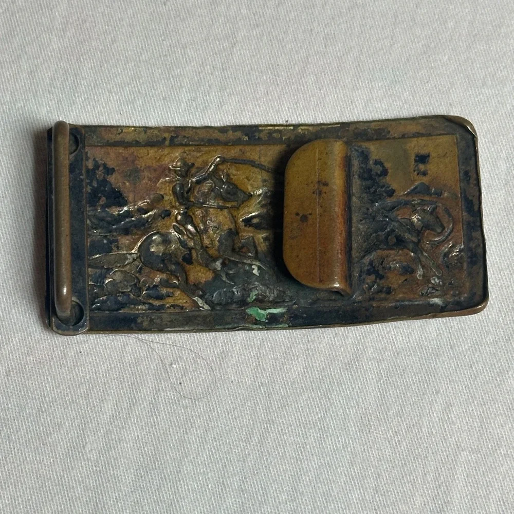 Vtg Brass Western Cowboy Horseback Roping Calf Belt Buckle Rectangular Patina - Picture 3 of 5